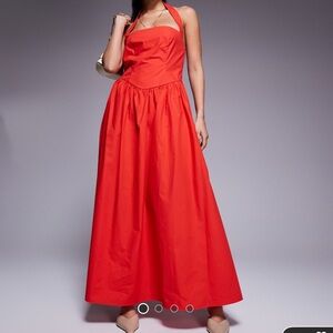 Kaiia poplin square neck halter maxi dress in red!